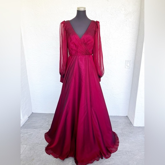 Mac Duggal 67873 Sheer Blouson Sleeve Surplice Gown In Garnet Size 8 - Picture 1 of 9